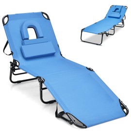 DREAMADE Chaise Lounge Beach Chair, Adjustable Beach Recliner w/Face Hole & Removable Cushions, 5-Position Folding Sun Tanning Chair for Poolside, Patio, Camping, Sunbathing (1, Navy Blue)