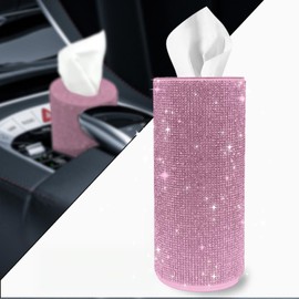 Bling Car Tissue Holder for Cup Holder – Sparkly Rhinestone Round Tissue Dispenser with 3-Ply Tissues – Fits Standard Auto Cup Holders – Stylish Car Interior Accessory for Women (Pink)