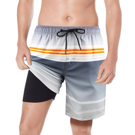 QRANSS Swimming Shorts Men with Boxer Brief Liner Quick Drying Men's Swim Trunks Drawstring Board Shorts with Stretchy Compression Liner Plus XXL Size 44-46