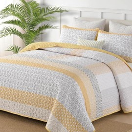 WONGS BEDDING Yellow Quilt Twin Size, Bohemian Stripe Quilt Sets 2 Pieces Boho Quilted Bedspread Set Lightweight Microfiber Coverlet Bedding Set All Season (68"×86")