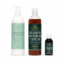 Apigreen Kit Capilar para Crecimiento y Fortalecimiento del Cabello – Shampoo 500 ml sin Sulfatos ni Parabenos, Acondicionador con Ácido Hialurónico y Boost Capilar 60 ml – Con Colágeno, Keratina, Miel, Romero y Fenogreco