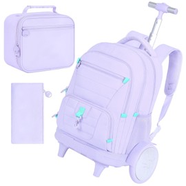 CCJPX 3Pcs Women & Girls Rolling Backpack with Bigger Wheels, Extra-Large Wheeled Bookbag with Lunch Box, Water Resistant Extra-Large Roller Luggage for Travel, Work, College (Purple)