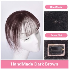 Clip in Bangs 3D Human Hair Clip-on French Bangs Topper Real Hair Air Bangs One Piece Machine Made/Hand Made Clip in Fringe Hair Extensions for Women (Hand Made, Reddish Brown)