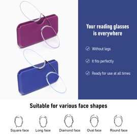 DXYXYO Mini Armless Reading Glasses for Women Men, 2 Pack Thin Legless Nose Clip Readers Compact with Small Portable Case, 3.5 Purple and Blue