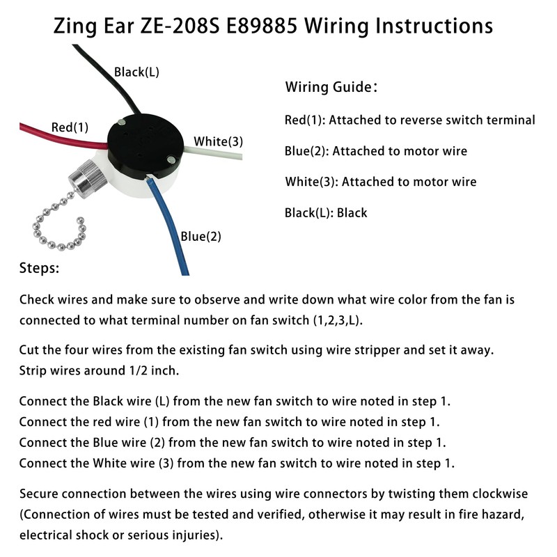 Ceiling Fan Switch Zing Ear ZE-208S E89885 3 Speed 4