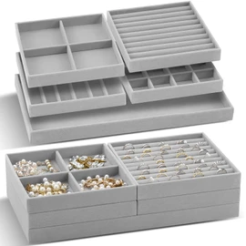 Cinnvoice Set of 10 Stackable Jewelry Organizer Trays for Drawer 14 Inch Velvet Jewelry Drawer Insert Display Storage with Removable Divider for Necklace Earring Ring Watch Bracelet (Gray)