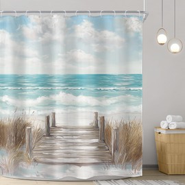 Riyidecor Beach Shower Curtain 72Wx72H Inch Teal Ocean Oil Painting Sky Summer Coastal Beachy Hawaiian Modern Landscape Scenery Nature Seashore Bathroom Decor Fabric Polyester Waterproof 12 Pack Hooks