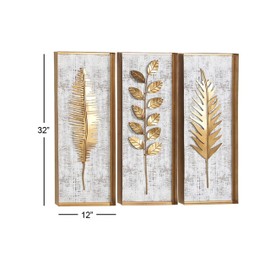 Deco 79 Metal Leaf Framed 3D Wall Decor with Distressed Wood Backing, Set of 3 12"W, 32"H, Gold
