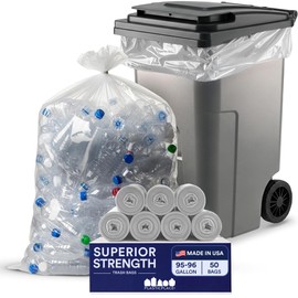 Plasticplace 95-96 Gallon Garbage Can Liners 1.5 Mil Clear Heavy Duty Trash Bags, 61 x 68”, 50 Count
