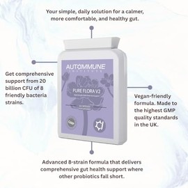 Pure Flora V2 – High Strength Daily Probiotic Supplement – 20 Billion CFU – 8 Clinically Researched Strains – Vegan & Gut-Friendly – Made in The UK – 60 Capsules