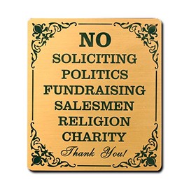 EnMEngraving Brass No Soliciting Sign for Home and Business Heavy Duty Solid Metal, Made in USA (4.5" H x 2.8" W - No Holes)