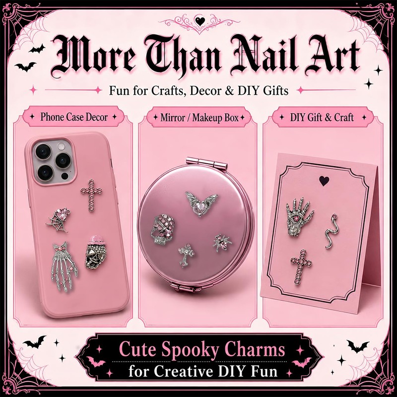 Pink Halloween Nail Art Charms, 3D Gothic Nail Rhinestone with