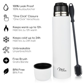 Milu Thermosflasche Thermoskanne Isolierflasche 1L - Isolierte Edelstahl Trinkflasche, 100% Auslaufsicher, Doppelwandisolierung (Weiß, 1000 ml)