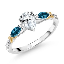 Gem Stone King 925 Silver 10K Yellow Gold Pear Shape White Created Sapphire London Blue Topaz and White Lab Grown Diamond Engagement Ring For Women (1.45 Cttw, Gemstone September Birthstone, Size 7)