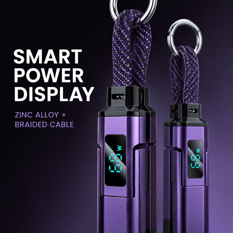 2-Pack 4-in-1 65W Keychain Charging Cables with Digital Power Display