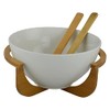 Threestar Whiteware Ceramic Salad Bowl on Bamboo Stand