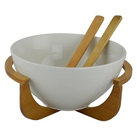 Threestar Whiteware Ceramic Salad Bowl on Bamboo Stand