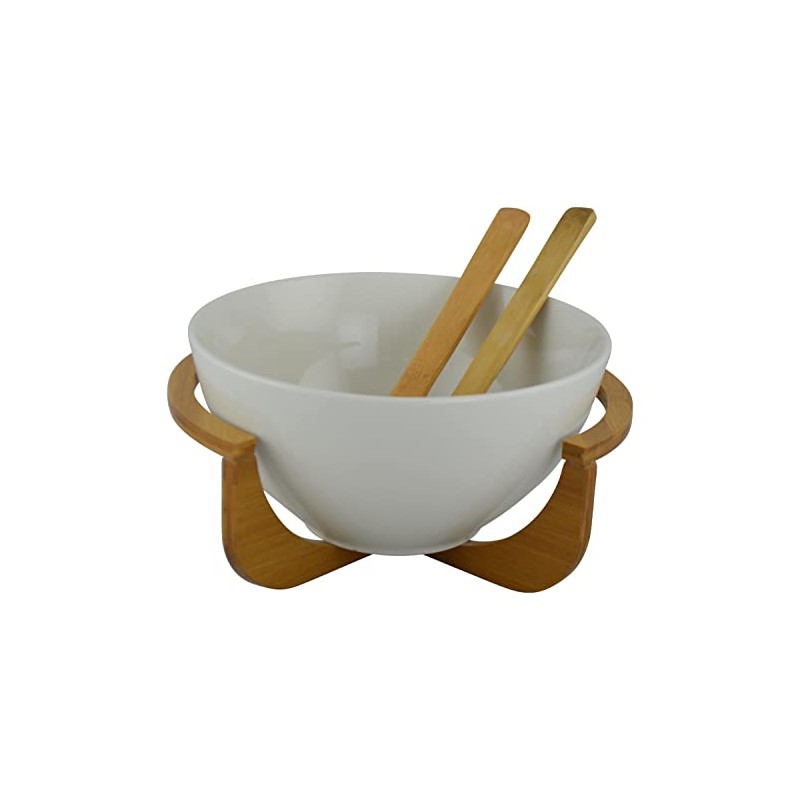 Threestar Whiteware Ceramic Salad Bowl on Bamboo Stand
