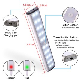 RXWLKJ Rechargeable Motion Sensor Led Lights Under Counter Closet Lighting Battery Operated Light Kitchen 20-Led Under Cabinet Lighting Closet Light Stick On Lights Wireless Night Light (3 Pack)