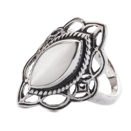 WINDALF Bohemia Statement Ring LÚNA 21 mm Medieval Elwindows with Mother of Pearl Vintage 925 Sterling Silver, Fabric jewellery bag, Mother of Pearl