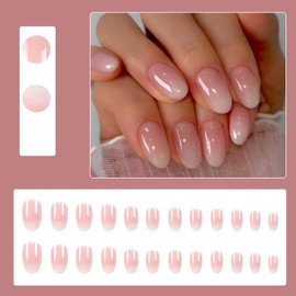 Ceboic Press on Nails Short Almond, French Nails for Sticking, Pink White Colour Gradient Artificial Nails with Nail Glue Sticker, Acrylic Artificial Nails, Natural Square Fingernails, Fake Nails for