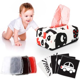 Baby Toys 6 to 12 Months - Baby Tissue Box Toy - Montessori Toys for 1 Year Old, Soft Contrast Crinkle Infant Sensory Toys, Girls&Boys Toddlers Early Learning Toys Baby Gifts（Black and White Theme）