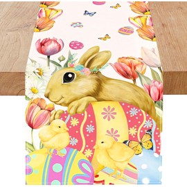 Niviy Easter Bunny Table Runner, Colorful Egg Butterfly Tulip Spring Runner, Decorative Farmhouse Seasonal Holiday Kitchen Dining Table Decoration 13x108 Inch