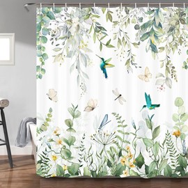 Torich Sage Green Eucalyptus Shower Curtain for Bathroom, Leaves Plant Floral Bathroom Decor Bath Curtains, Bird Leaf Botanical Waterproof Fabric Shower Curtain Set with Hooks 69x72 Inch