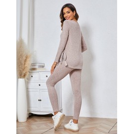 OYOANGLE Women's Maternity Rib Knit Round Neck Knot Side Tee Tops and Leggings Pants Sets Brown Solid X-Large