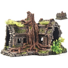 PTFJZ Aquarium Decorations Large Fish Tank Ornament Reptile House Shelter Decor Aquarium Hides with Betta Cave Temple Ruins Tree House Aquarium Landscape Decoration