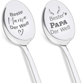 Gifts for Mum Dad for Birthday, Pack of 2 Coffee Spoons with Engraving "Beste Mama Papa Der Welt", Father's Day Gifts, Mother's Day Gift, Birthday Gift for Mum Dad