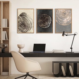 BINCUE Framed Neutral Canvas Wall Art Tree Ring Wall Art Set Modern Wood Stump Wall Decor Nature Art Wall Painting Modern Wilderness Artwork for Livingroom Office Bedroom 16"x24" Set 3