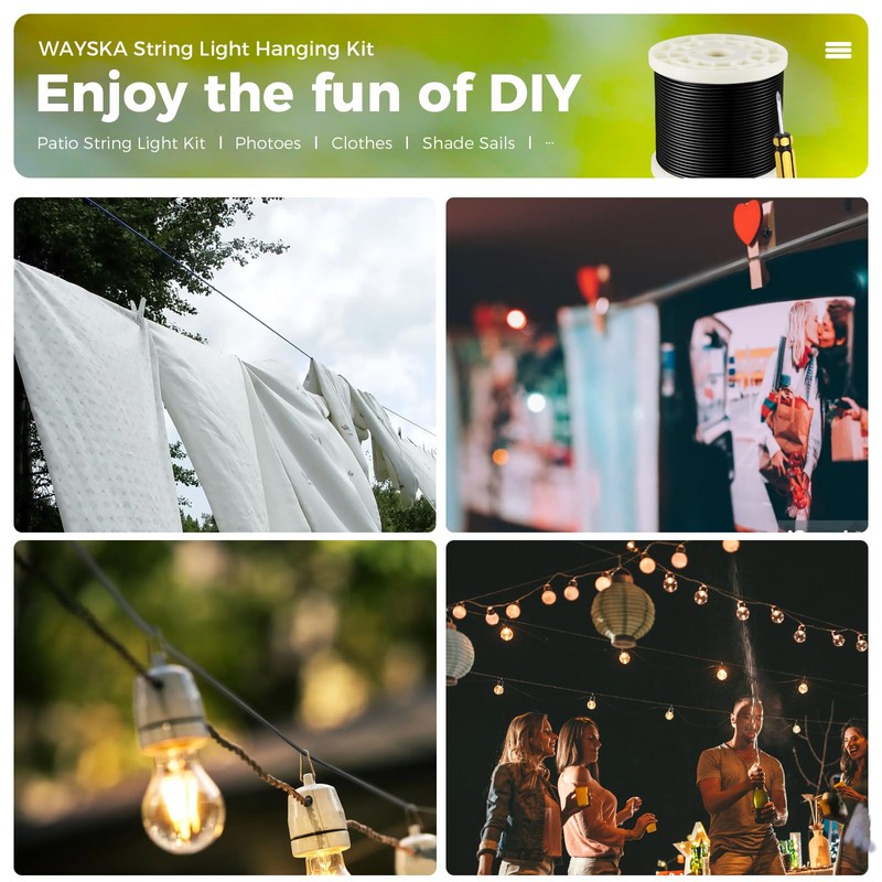 WAYSKA String Light Hanging Kit with 250FT Nylon Coated Stainless