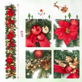 FairyLee Christmas Garland with 20 LED Lights, 6ft Pre Lit Xmas Garland with Artificial Flowers Pinecones Ball Ornaments, Battery Operated Christmas Lighted Garlands for Mantle Fireplace Stairs