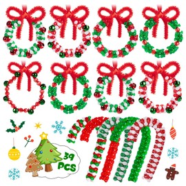 Christmas Crafts for Kids, Beaded Ornament Kit- 39Pcs DIY Christmas Ornaments to Make Wreath Candy Cane Xmas Holiday Tree Hanging Decorations Party Ornaments for Children and Adults