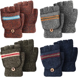 Yahenda 4 Pairs Winter Fingerless Gloves Kids Mittens Gloves Convertible Knit Flip Top Warm Mittens for Teen Aged 5-10 (Multicolor)