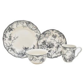 222 Fifth Adelaide 16-Piece Casual Grey Porcelain Dinnerware Set – Service for 4, Classic Toile Bird & Floral Design, Microwave & Dishwasher Safe, for Everyday Dining & Entertainment