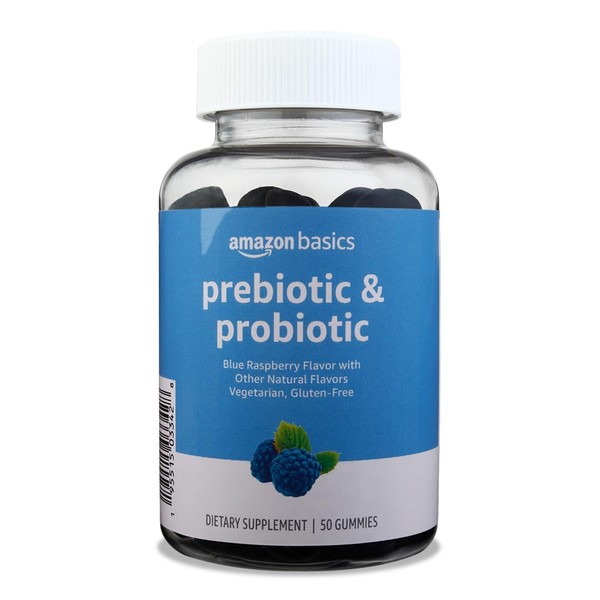 Amazon Basics Prebiotic & Probiotic Gummies, 2 Billion CFU, Blue Raspberry, 50 Count (2 per Serving) (Previously Solimo)