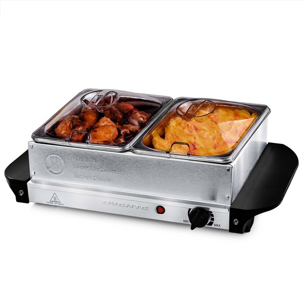 Ovente Electric Buffet Server with 2 Warming Pan, Portable Stainless Steel Food Warmer with Temperature Control, Chafing Dish Set Perfect for Catering, Parties, Events and Holiday, Silver FW152S