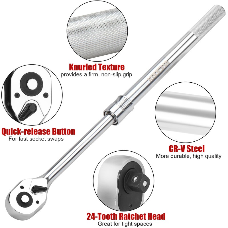 kboisha 3/4-Inch Drive Extendable Ratchet Handle, Reversible Quick Release Telsecoping