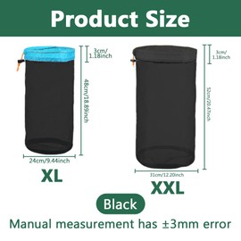 HLIWS Ultra-Light Net Bags Drawstring, Stuff Storage Mesh Drawstring Bags, Travel Stuff Sack, Camping Hiking Visibility Mesh Pouch, 2 Size Selectable,for Camping Hiking(Blue XL + Black XXL)