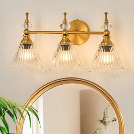 3-Light Bathroom Vanity Light Fixtures Over Mirror,Brushed Gold Modern Vanity Lights with Glass Shade Vintage Farmhouse Wall Sconce for Bedroom Dressing Room Living Room Hallway Cabinet
