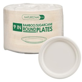 NATUREZWAY PRO offers a 125-Pack of 9 Bamboo & Sugarcane Round Plates: Elevate Your Sustainable Dining Experience with Leak-Proof, Heavy-Duty, Microwave Safe, and Compostable Plates