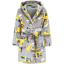 SGMWVB Boys Hooded Bathrobes Girls Soft Plush Fleece Robe Toddler Fuzzy Pajamas Kids Warm Sleepwear Gray Excavator 7-8Years