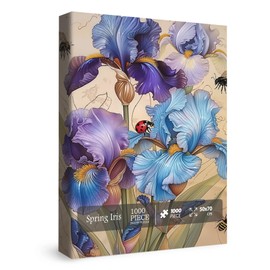 Beautiful Iris Flower Puzzles for Adults 1000 Pieces Spring Nature, Vintage Plant Art Jigsaw Puzzles, Bee Ladybug Floral Landscape Aesthetic Puzzle