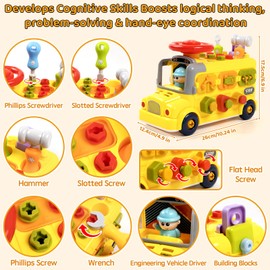 Brixlytoys Take-Apart Construction Bus Toy for Kids Age 3+, Montessori STEM Vehicle with Locks, Tools & Keys, Openable Engine & Cabin, Driver Figure, Yellow Educational Toy for Boys & Girls