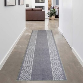 Berber Custom Size Runner Rug Chain Border Design Extra Long Runner Rugs for Hallways 26 Inch Wide X Pick Your Length by Feet Slip Skid Resistant Rubber Back Rug Runners (Grey, 9 ft x 26 in)