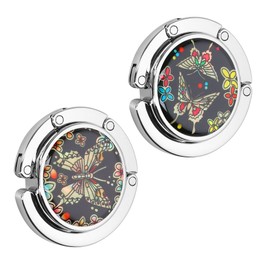 kwmobile Purse Hooks for Table - Set of 2 Portable Handbag Hook Foldable Bag Holder Purse Hangers for Tables with Design - Bag Holder Butterfly Pink/Blue/Black