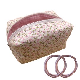 Aikeis Pink Quilted Floral Cosmetic Bag with 2 Pink Headbands Soft Cotton Material Suitable for Makeup Brushes and Beauty Tools Large Capacity Cosmetic Bag Culture, pink, Pastoral Fneg'ge