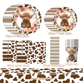 Brown Cow Tableware Set, Farm Animals Party Tableware Set, 61Pcs Highland Cow Print Party Supplies Includes Plates Napkins Cup Straw Tablecloth For Birthday Baby Shower (10 Guests)